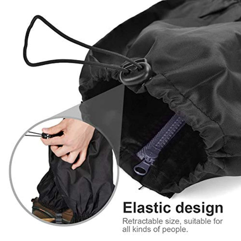 Load image into Gallery viewer, Close-up van zwarte Gaiters met een elastisch trekkoord en rits, perfect voor buitenavonturen. Inzet toont handen die het trekkoord aanpassen. Tekst luidt: &quot;Elastisch ontwerp: intrekbaar formaat, geschikt voor alle soorten mensen.
