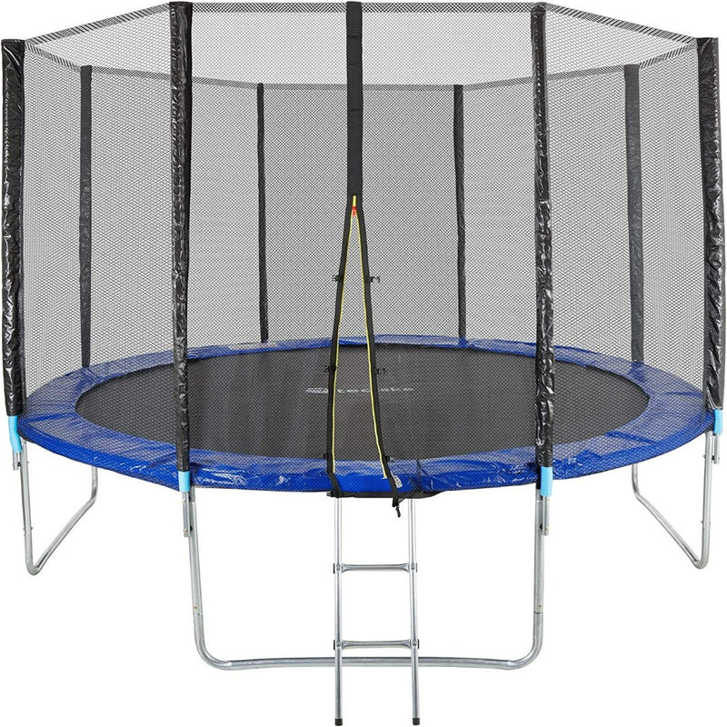 Laad afbeelding in Galerijviewer, Ronde trampoline met veiligheidsnetomheining en instapladder voor meer veiligheid, genaamd Trampoline met veiligheidsnet en ladder, complete tuintrampoline, TÜV Rheinland GS-certificaat met rand ondersteund.
