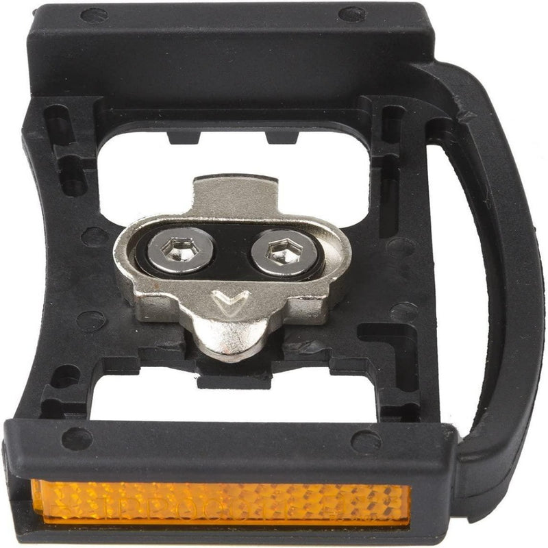 Load image into Gallery viewer, Het fietspedaalaccessoire heeft een metalen plaatje in het midden en een oranje zijreflector, perfect voor fietsers die de voorkeur geven aan SPD-pedalen: de gemakkelijke en veilige optie voor elke fietser.
