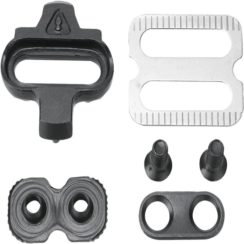 Load image into Gallery viewer, De SPD pedalen kit bevat een zwarte schoenplaat, twee bouten, een metalen achterplaat en een ovale afstandhouder op wit. Perfect afgestemd op Shimano Pedaling Dynamics, ideaal voor fietsers die op zoek zijn naar betrouwbaarheid. Productnaam: &quot;SPD pedalen: de veelzijdige en veilige optie voor elke fietser.
