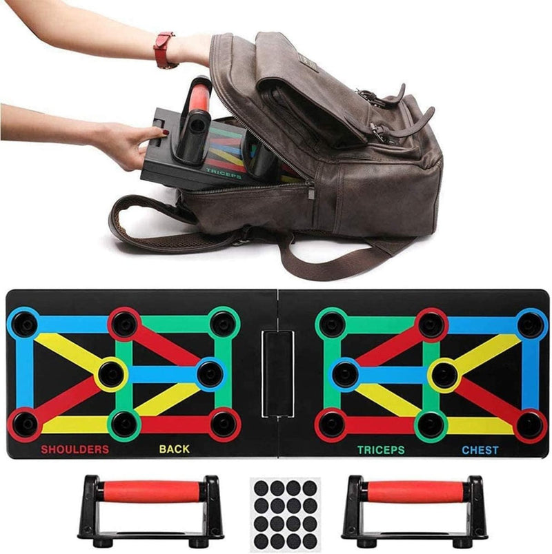 Laad afbeelding in Galerijviewer, Iemand pakt een Push-up board: thuis trainen voor een sterk en gespierd lichaam met veelkleurige lijnen in een tas, samen met twee afneembare handvatten en ronde pads voor een draagbare training.
