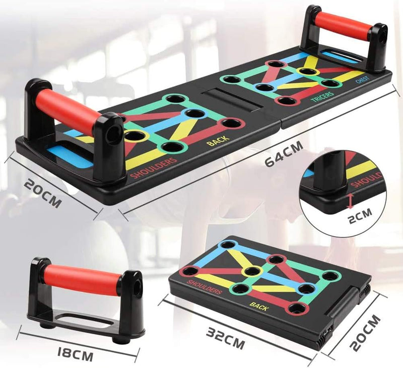 Laad afbeelding in Galerijviewer, Het &quot;Push-up board: thuis trainen voor een sterk en gespierd lichaam&quot; is draagbaar, opvouwbaar en heeft kleurrijke spiergerichte gebieden voor een complete workout. Het meet 64 cm x 20 cm open en vouwt op tot 32 cm x 20 cm, met afneembare handgrepen voor het gemak.
