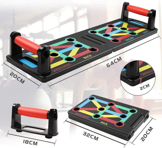 Het "Push-up board: thuis trainen voor een sterk en gespierd lichaam" is draagbaar, opvouwbaar en heeft kleurrijke spiergerichte gebieden voor een complete workout. Het meet 64 cm x 20 cm open en vouwt op tot 32 cm x 20 cm, met afneembare handgrepen voor het gemak.