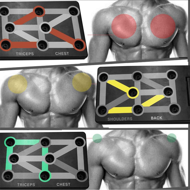 Laad afbeelding in Galerijviewer, Ontdek het &quot;Push-up board: thuis trainen voor een sterk en gespierd lichaam,&quot; een draagbare oefengids die diverse posities illustreert voor het trainen van triceps, borst, schouders en rug. Geïllustreerde mannelijke torso&#39;s benadrukken spiergebieden voor een uitgebreide workout onderweg.
