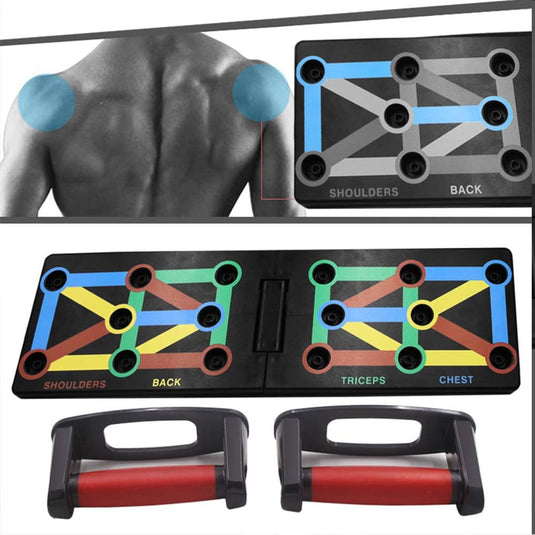 Het "Push-up board: thuis trainen voor een sterk en gespierd lichaam" beschikt over opvouwbare handvatten en illustraties voor het trainen van de schouders, rug, triceps en borstspieren op de rug van een persoon voor een complete training.