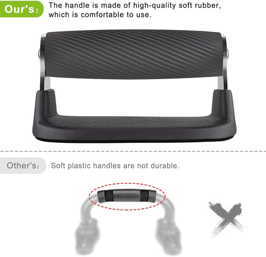 Twee handvatontwerpen vergeleken: De bovenste handgreep van de Push-upbars van "Our" is voorzien van zacht rubber voor een comfortabele grip, waardoor de belasting van de gewrichten wordt verlicht. De onderste handgreep van "Other" is gemaakt van zacht plastic met een kruismarkering, wat aangeeft dat de duurzaamheid ervan niet optimaal is.