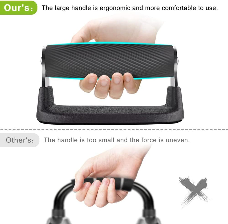 Laad afbeelding in Galerijviewer, De bovenste afbeelding heeft een ergonomisch handvat met het opschrift &quot;Our&#39;s&quot; met een comfortabele grip om gewrichten te ontlasten, met behulp van Push-upbars: de ultieme manier om je push-ups naar een hoger niveau te tillen, terwijl de onderste afbeelding een kleiner handvat toont met het opschrift &quot;Other&#39;s.
