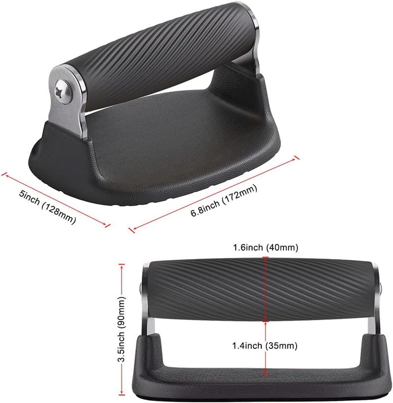 Laad afbeelding in Galerijviewer, De zwarte metalen Push-upbars hebben een getextureerde handgreep voor een comfortabele grip. De afmetingen zijn 5&quot;x3.5&quot; voor de basis en 6.8&quot;x1.6&quot; voor de handgreep, met gedetailleerde afmetingen voor gebruiksgemak.
