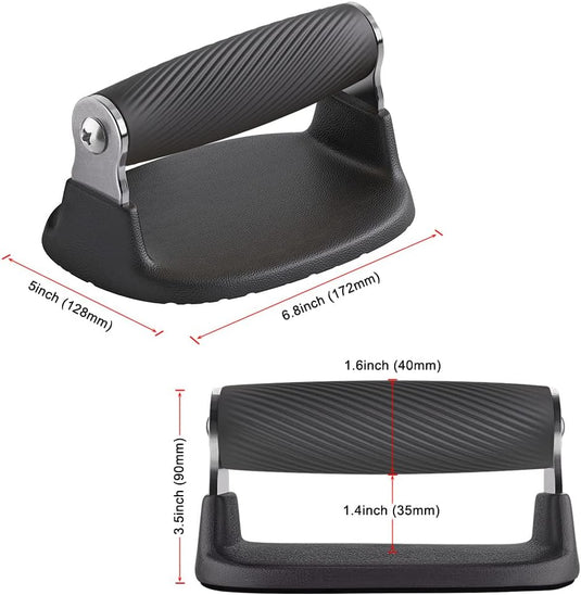 De zwarte metalen Push-upbars hebben een getextureerde handgreep voor een comfortabele grip. De afmetingen zijn 5"x3.5" voor de basis en 6.8"x1.6" voor de handgreep, met gedetailleerde afmetingen voor gebruiksgemak.