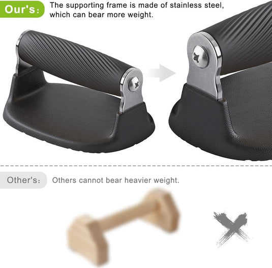 Close-up: de bovenste handgreep van de Push-upbars heeft een roestvrijstalen frame en een comfortabele grip; de onderste, wazige handgreep is niet duurzaam en wordt aangegeven met een "X". De tekst benadrukt krachtverschillen, ideaal om de gewrichten te ontlasten tijdens oefeningen zoals push-ups.