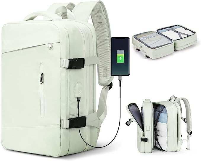 Laad afbeelding in Galerijviewer, Het product, &quot;De ultieme reisrugzak voor elk avontuur,&quot; is een mintgroene rugzak gemaakt van duurzaam polyester. Het beschikt over een USB-oplaadpoort, verstelbare banden, compartimenten voor voldoende opbergruimte en georganiseerde packing cubes, waardoor het ideaal is voor elke reisbehoefte.
