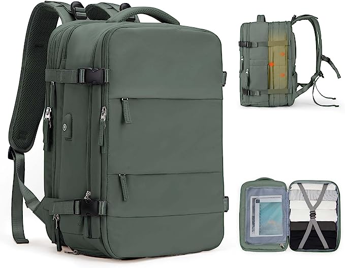 Laad afbeelding in Galerijviewer, De ultieme reisrugzak voor elk avontuur is een groene multifunctionele rugzak van duurzaam polyester, met USB-oplaadpoort en meerdere vakken. Afbeeld vanuit diverse hoeken om het ruime, georganiseerde ontwerp te kustlijn.
