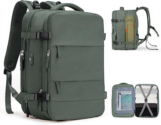 De ultieme reisrugzak voor elk avontuur is een groene multifunctionele rugzak van duurzaam polyester, met USB-oplaadpoort en meerdere vakken. Afbeeld vanuit diverse hoeken om het ruime, georganiseerde ontwerp te kustlijn.