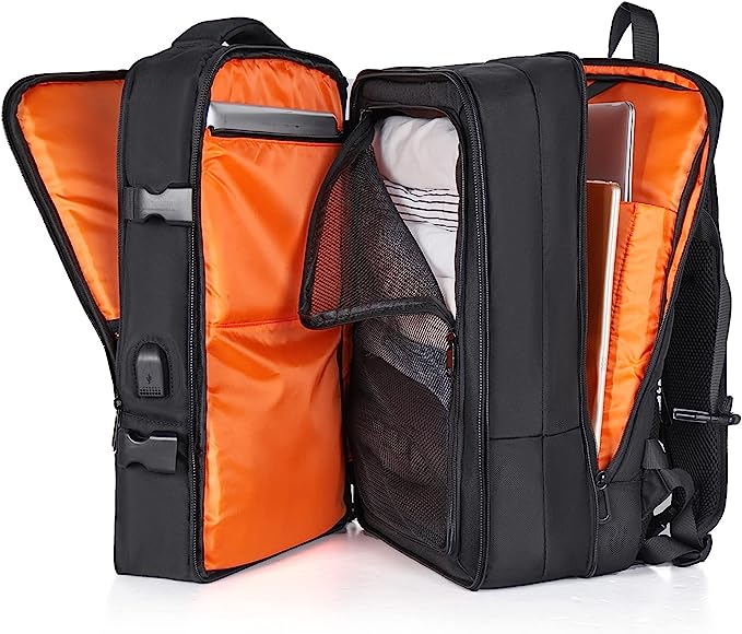 Laad afbeelding in Galerijviewer, De &quot;ultieme reisrugzak voor elk avontuur&quot; is een zwarte rugzak gemaakt van duurzaam polyester, met open compartimenten die een oranje interieur geïntegreerd, inclusief ruimte voor een laptop en kleding.
