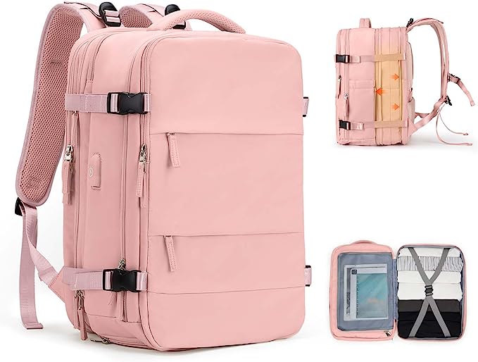 Laad afbeelding in Galerijviewer, De &quot;De ultieme reisrugzak voor elk avontuur&quot; in het roze, gemaakt van duurzaam polyester, valt van verschillende kanten op met zijn ruime binnenkant, gevoerde schouderbanden, buitenvakken en een handige USB-oplaadpoort om onderweg op te laden.
