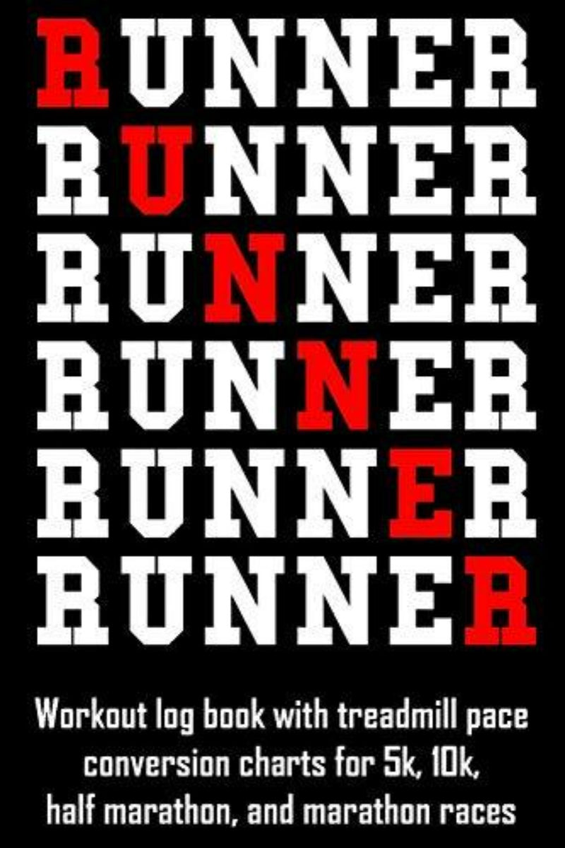 Load image into Gallery viewer, Het trainingslogboek &#39;Runner&#39; heeft een omslag met het woord &#39;Runner&#39; verticaal herhaald in rood en wit, en bevat conversietabellen voor loopbandtempo&#39;s van 5 km, 10 km, halve marathon en marathonafstanden, zodat u uw wedstrijdresultaten efficiënt kunt vastleggen.
