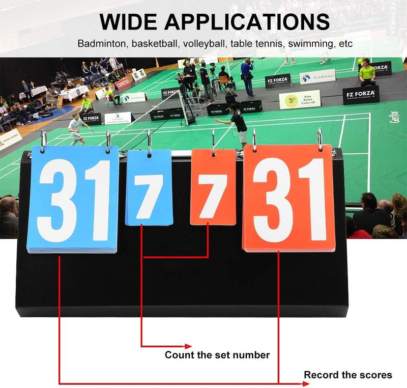 Load image into Gallery viewer, Een draagbaar scorebord toont de nummers 31, 7, 7, 31 bij een sportevenement. Tekst: &quot;BREDE TOEPASSINGEN: Badminton, basketbal, volleybal, tafeltennis, zwemmen.&quot; Deze lichtgewicht en gebruiksvriendelijke tool maakt het eenvoudig om scores bij te houden in verschillende sporten.
