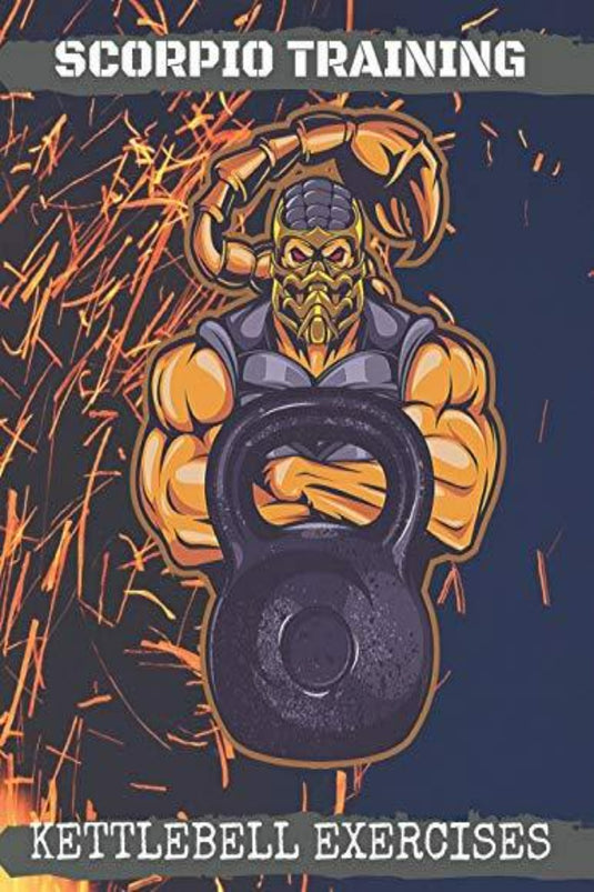 Een gespierd personage met een schorpioen als thema houdt een kettlebell vast met de tekst "Scorpio Training Kettlebell Workout" tegen een vurige achtergrond, ideaal voor spieropbouwliefhebbers.