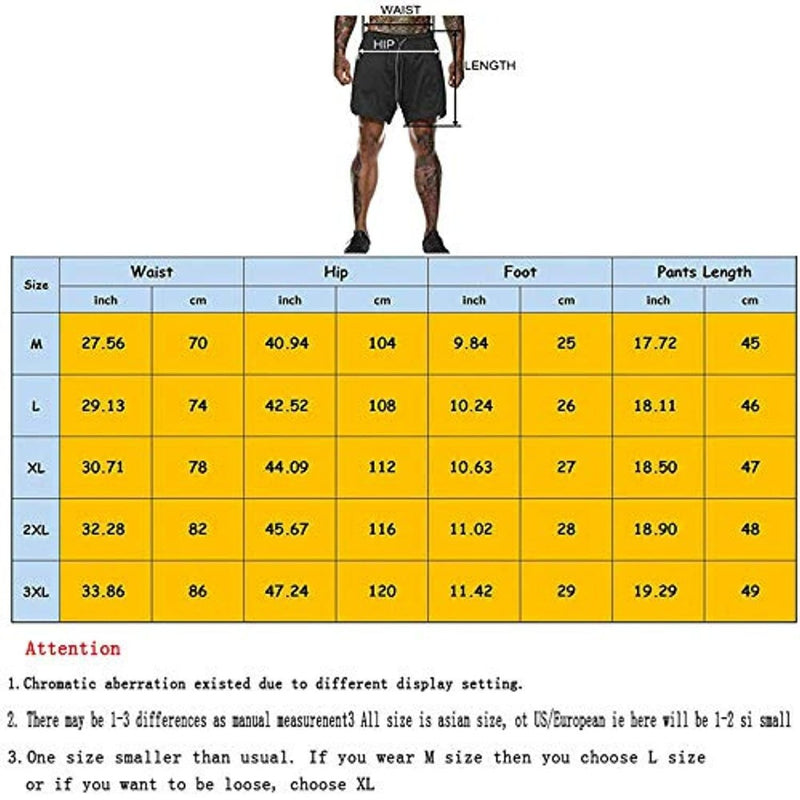 Laad afbeelding in Galerijviewer, Ervaar ultiem comfort met onze 2-in-1 shorts voor heren, verkrijgbaar in de maten M tot 3XL. De maattabel bevat taille, heup, voet en broeklengte in inches. Gemaakt van sneldrogend materiaal voor een perfecte pasvorm, plus opmerkingen over maatvariaties en weergaveverschillen voor nauwkeurigheid.
