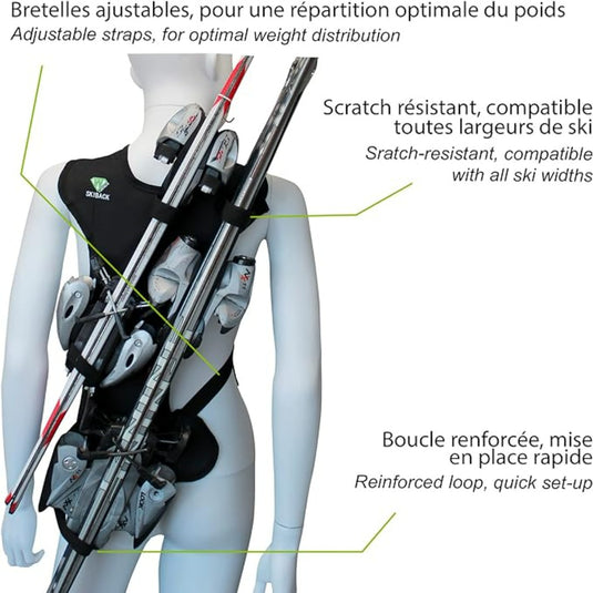 Op een etalagepop staat de tekst "Skiën zonder je handen te gebruiken? Met de skiback is het mogelijk!" ski-draagvest, opvallende verstelbare bandjes, krasbestendigheid voor verschillende skibreedtes en een versterkte lus. Het ontwerp zorgt voor comfort en compactheid voor de behoeften van elke skiër.