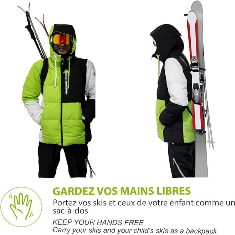 Load image into Gallery viewer, Met de Skiback, een groen-zwarte ski-outfit, kunt u uw ski&#39;s als een rugzak dragen met een speciaal riemsysteem voor handsfree skiën, wat comfort en compactheid garandeert.
