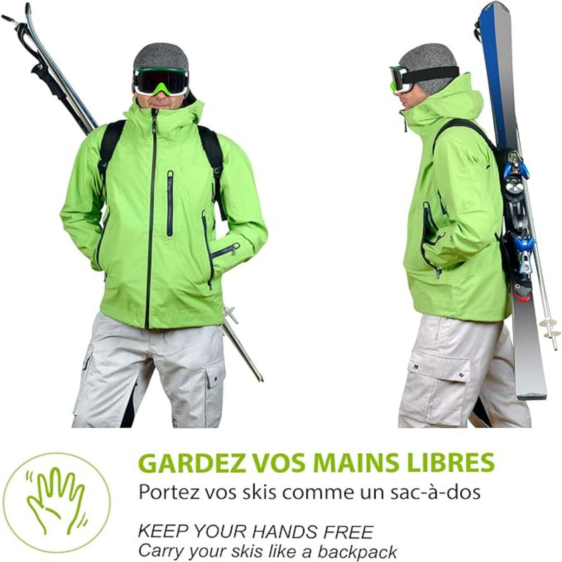 Load image into Gallery viewer, Een persoon in een groene jas gebruikt de Skiback om ski&#39;s als een rugzak te dragen, terwijl hij een veiligheidsbril en een helm draagt. Het product &quot;Skiën zonder je handen te gebruiken? Met de skiback is het mogelijk!&quot; stelt handenvrij skiën voor voor handig, compact skiën met vrije handen.

