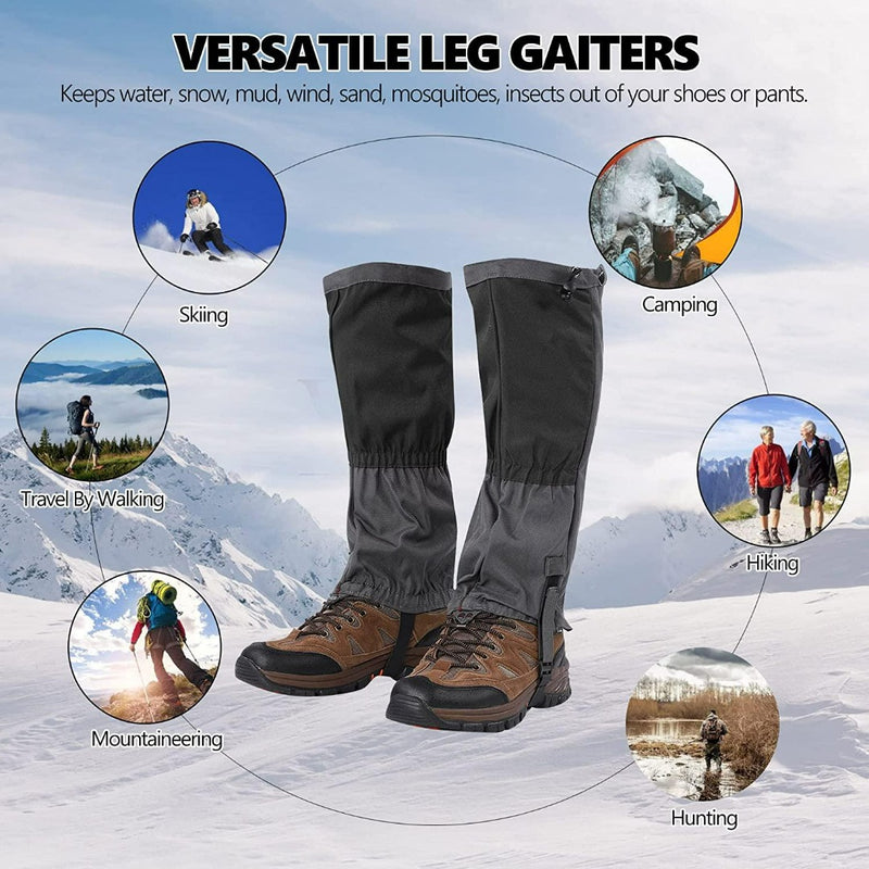 Laad afbeelding in Galerijviewer, Afbeelding van grijze beenkappen, ideaal voor skiën en kamperen. Deze sneeuw gamaschen bieden ultiem comfort, zijn winddicht en waterdicht, tegen een besneeuwde bergachtergrond met cirkelvormige iconen.
