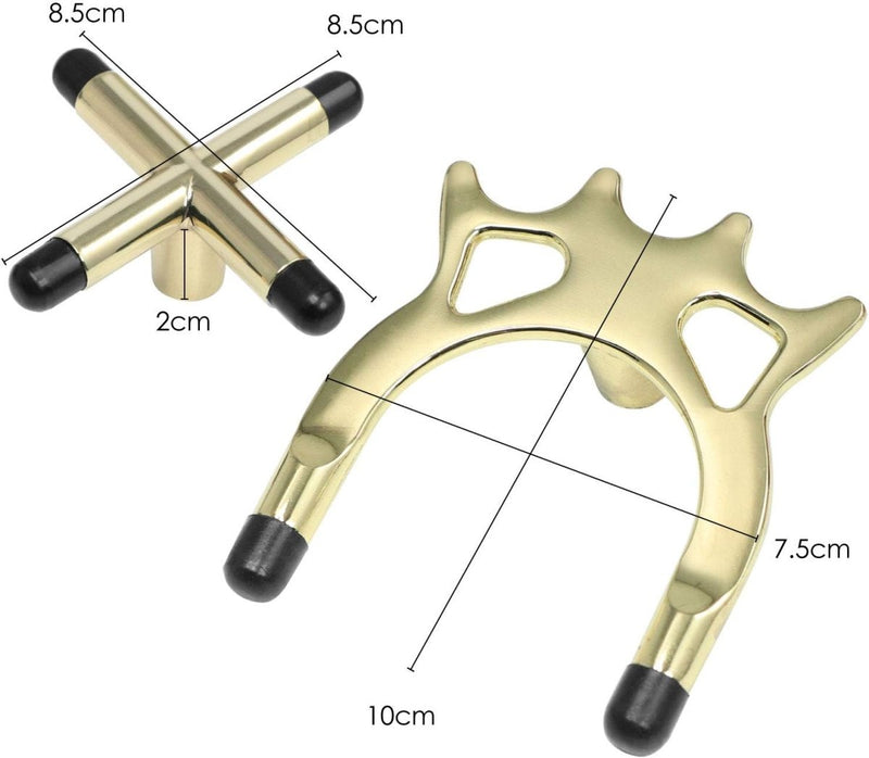 Load image into Gallery viewer, Er worden twee metalen massageapparaten getoond: een kruisvormig model (8,5 cm x 8,5 cm) en een klauwvormig model (10 cm x 7,5 cm). Beide zijn voorzien van rubberen uiteinden in een luxueuze gouden afwerking. Ze zijn perfect om elke accessoireset eleganter te maken en uw ontspanningsroutine te verbeteren.
