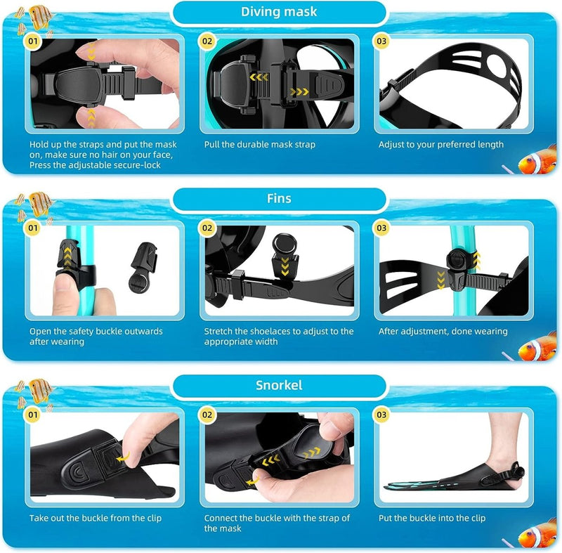 Laad afbeelding in Galerijviewer, Het instructieschema voor &quot;Duik in avontuur met onze complete snorkelset voor volwassenen!&quot; toont stapsgewijs gebruik met afbeeldingen en pijlen, waarbij het duikmasker met gehard glas, vinnen en droge snorkel met spatbescherming wordt beschreven. Vastzetriemen, afstelbare pasvorm en speelse visversieringen zijn inbegrepen.

