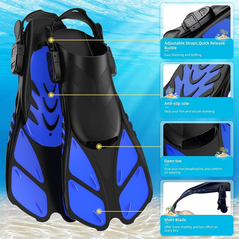 Laad afbeelding in Galerijviewer, Verstelbare blauwe en zwarte snorkelvinnen met antislipzolen, open tenen en korte bladen zijn aanwezig. Ze vormen een perfecte aanvulling op onze &quot;Duik in avontuur met onze complete snorkelset voor volwassenen!&quot; voor een onderwateravontuur.
