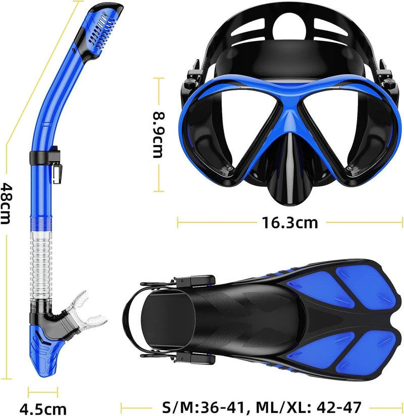 Laad afbeelding in Galerijviewer, De &quot;Duik in avontuur met onze complete snorkelset voor volwassenen!&quot; bestaat uit een blauw-zwarte snorkel met een dry top spatbescherming, een masker met gehard glas, plus vinnen voor S/M 36-41 en ML/XL 42-47. Afmetingen snorkel: 48 cm hoog, 4,5 cm breed; afmetingen masker: 16,3 cm bij 8,9 cm.

