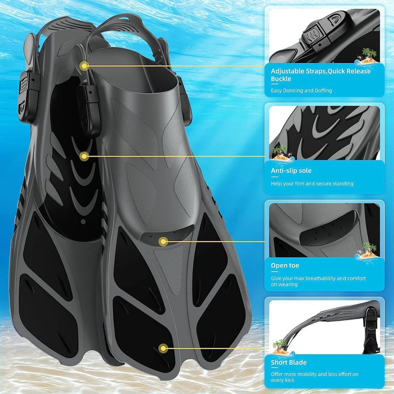 Laad afbeelding in Galerijviewer, Grijze snorkelvinnen hebben verstelbare bandjes, antislipzolen, open tenen en korte bladen. Aangevuld met onze &quot;Duik in avontuur&quot; snorkelset voor volwassenen, tegen een achtergrond van blauwe bubbels.

