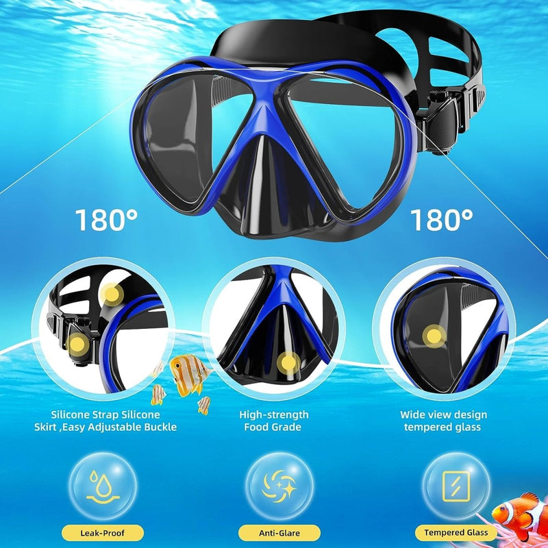 Laad afbeelding in Galerijviewer, Het &quot;Duik in avontuur met onze complete snorkelset voor volwassenen!&quot; duikmasker biedt een 180 graden zicht, siliconen band en eenvoudig verstelbare gesp. Gemaakt van zeer sterke materialen van voedingskwaliteit, het beschikt over breed gehard glas met lekvrije en anti-reflectie eigenschappen voor helder zicht onder water.
