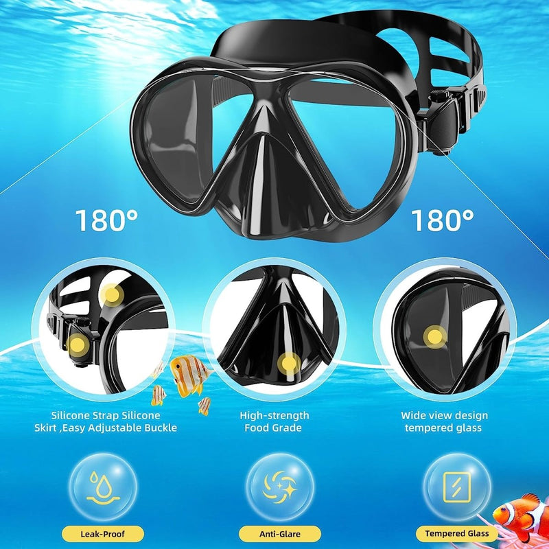 Laad afbeelding in Galerijviewer, De Duik in Avontuur complete snorkelset voor volwassenen is een zwart masker met 180 graden brede lenzen, een siliconen band, sterk materiaal van voedingskwaliteit, gehard glas, lekvrij ontwerp en anti-reflectie-eigenschappen voor een uitzonderlijke duikervaring.
