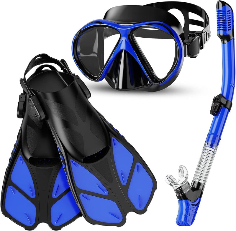 Laad afbeelding in Galerijviewer, Ontdek het avontuur met onze snorkelset voor volwassenen! Deze blauw-zwarte set bevat een duikbril met gehard glas, flippers en een droge snorkel met spatbescherming voor optimale veiligheid.
