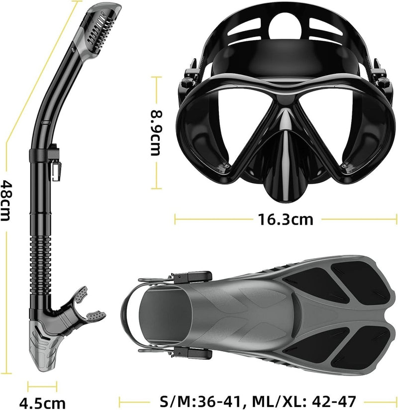 Laad afbeelding in Galerijviewer, De &quot;Duik in avontuur met onze complete snorkelset voor volwassenen!&quot; bestaat uit een zwart masker met 16,3 cm breed gehard glas, een 48 cm droge snorkel met spatbescherming van 4,5 cm breed en vinnen verkrijgbaar in de maten S/M: 36-41 en ML/XL: 42-47.
