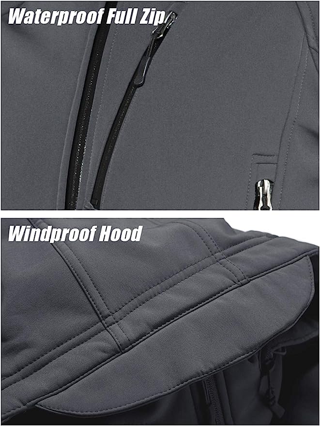 Laad afbeelding in Galerijviewer, Close-up van de &quot;Blijf warm en droog in elke weersomstandigheid met de waterafstotende softshell jas&quot; in donkergrijs, met een waterdichte volledige ritssluiting, winddichte capuchon en met fleece gevoerde voering voor warmte en comfort.
