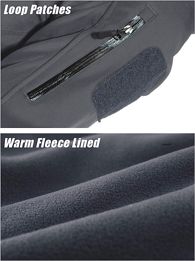 Laad afbeelding in Galerijviewer, Close-up van de &quot;Blijf warm en droog&quot; waterafstotende softshell jas met een luspatch, ritsvak op het bovenste gedeelte en warme fleece gevoerde voering. Tekst luidt &quot;Loop Patches&quot; en &quot;Warm Fleece Lined.

