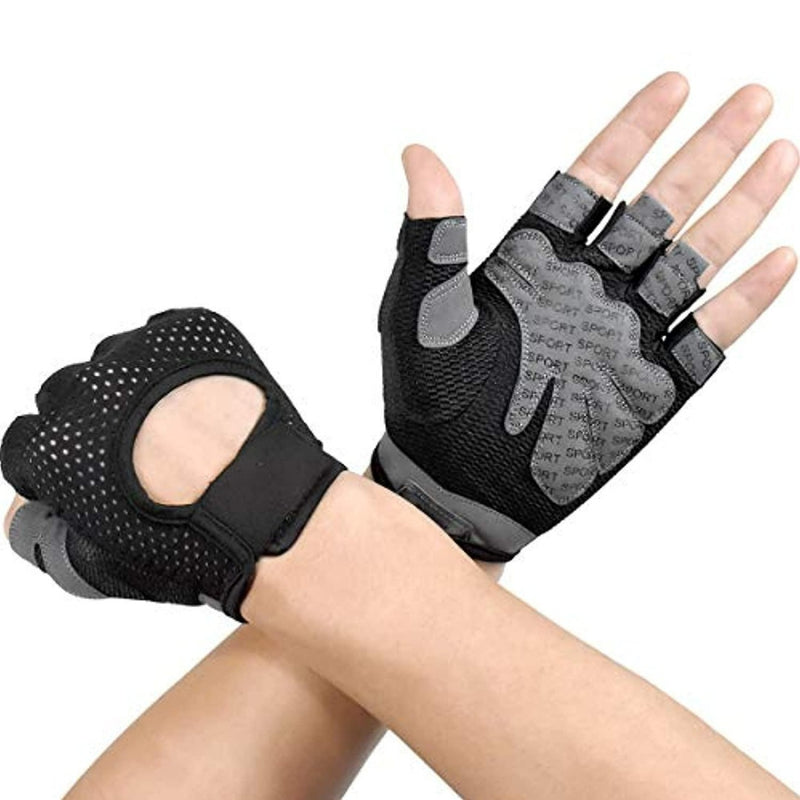 Laad afbeelding in Galerijviewer, Een persoon draagt de zwart-grijze &quot;Ervaar ultiem comfort en grip&quot; fitnesshandschoenen met antislip siliconen handpalmen, die het zweetabsorberende microvezelontwerp en de textuur laten zien.
