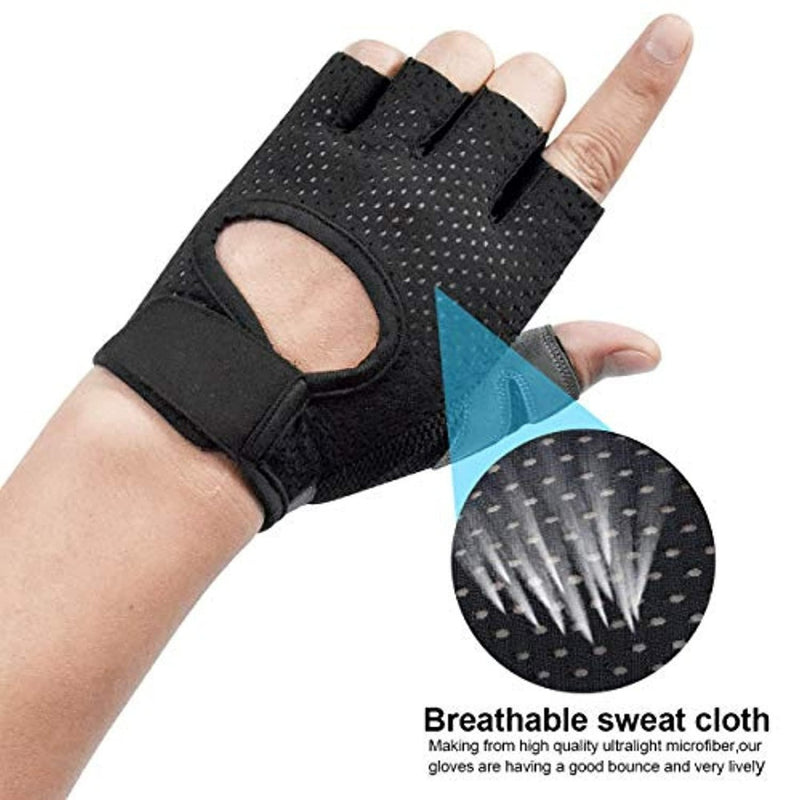 Laad afbeelding in Galerijviewer, Een hand met lichtgewicht fitnesshandschoenen met een zwart vingerloos ontwerp, antislip grip, zichtbare ademende gaten en zweetabsorberende microvezelstof voor ultiem comfort: perfect voor fitnessliefhebbers.
