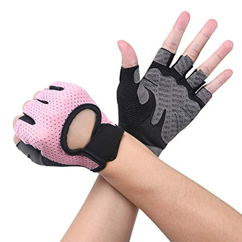 Laad afbeelding in Galerijviewer, Twee handen met handschoenen &quot;Verbeter je training met onze premium fitnesshandschoenen van microvezel&quot;; de ene roze met zwarte bies, de andere zwart met grijze tekst, die bescherming biedt tijdens het sporten.

