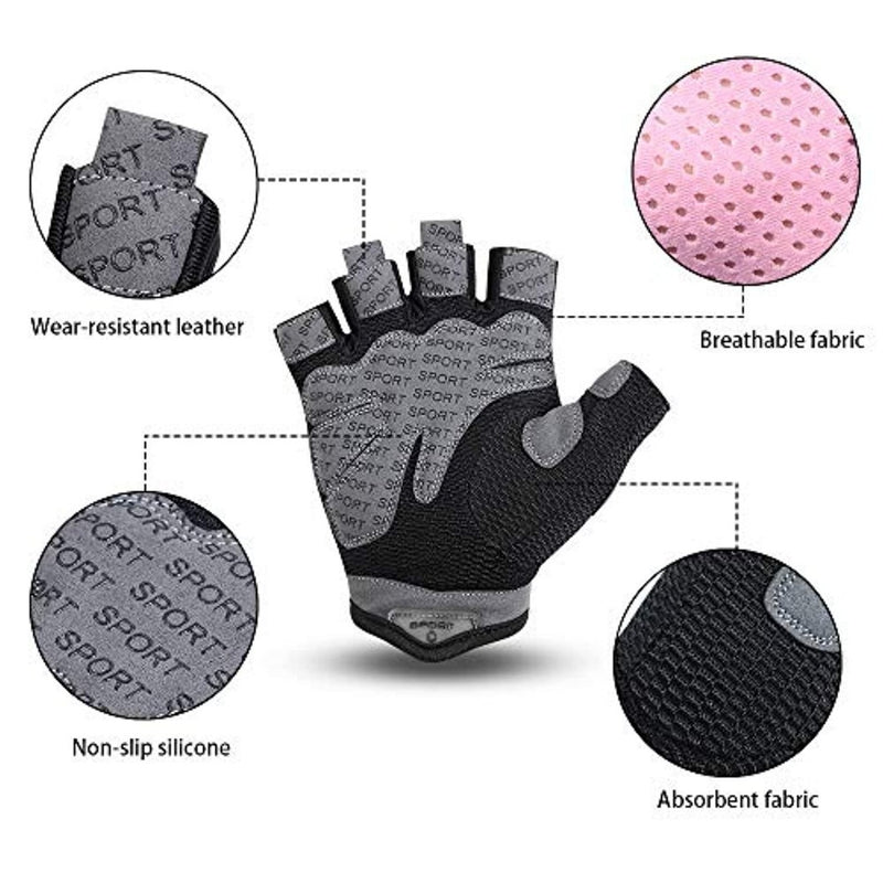Laad afbeelding in Galerijviewer, De Verbeter je training fitness handschoenen zijn voorzien van slijtvast leer, ademende roze stof ter bescherming, absorberend materiaal en antislip siliconen. Gelabelde delen benadrukken de unieke eigenschappen van de handschoenen en bieden ultiem comfort in microvezel.
