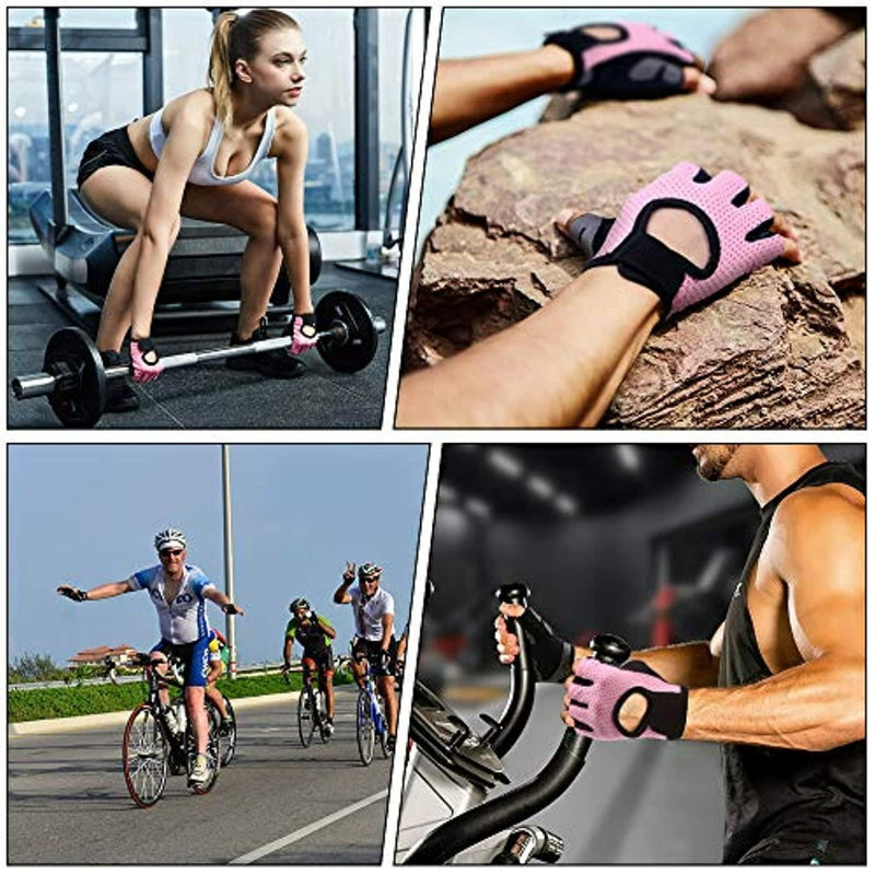 Laad afbeelding in Galerijviewer, Collage van fitnessactiviteiten: vrouw die gewichten heft, fietser buiten, premium microvezel fitness handschoenen op rotsen, man op hometrainer.
