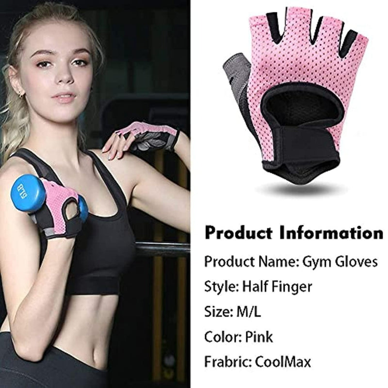 Laad afbeelding in Galerijviewer, Een vrouw die Verbeter je training roze microvezel fitnesshandschoenen draagt, maat M/L met CoolMax-stof voor comfort, houdt een blauwe halter vast.

