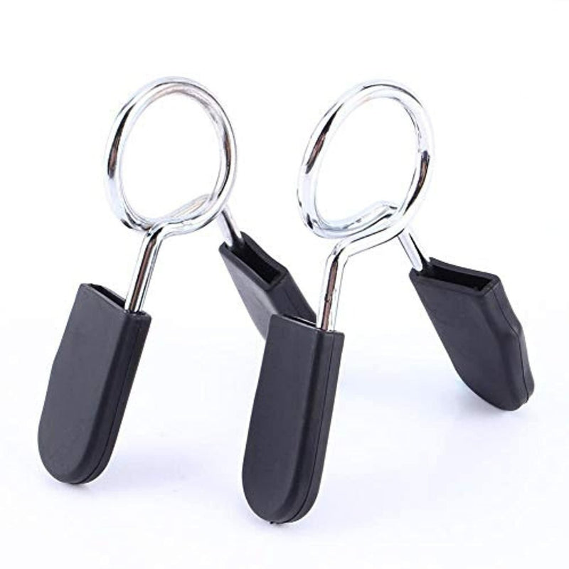 Load image into Gallery viewer, Twee zilveren metalen clips met zwarte rubberen grepen, vergelijkbaar met gewichtsklemmen, staan rechtop op een witte achtergrond en benadrukken het product &quot;Veilig en efficiënt trainen met spring clip kragen voor gewichtheffen&quot;.
