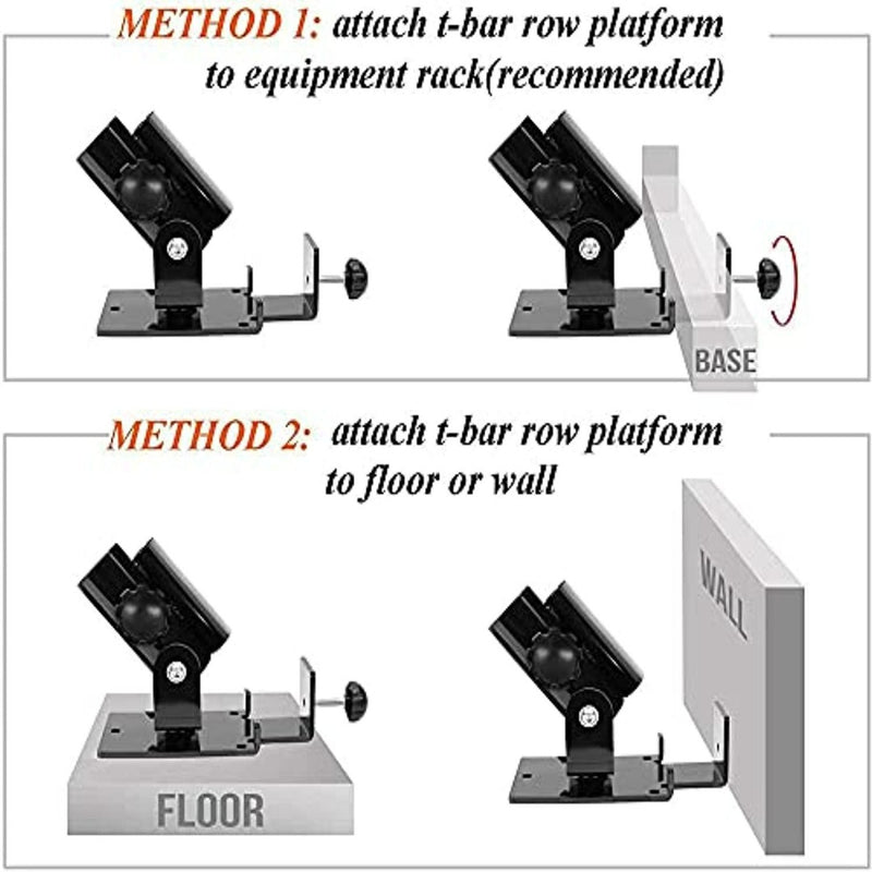 Laad afbeelding in Galerijviewer, Dit diagram toont twee bevestigingsmethoden voor het T-bar row platform: vastmaken aan een apparatuurrek of vastmaken aan de vloer of muur. Perfect voor krachttrainers, dit veelzijdige hulpmiddel ondersteunt dynamische trainingen zoals T-bar row landmine oefeningen met &quot;Versterk je training met de veelzijdige T-Bar row landmine!.
