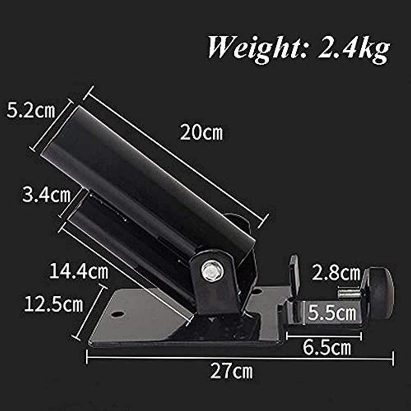 Laad afbeelding in Galerijviewer, Een diagram toont een zwarte verstelbare metalen beugel met een 360 graden rotatiefunctie. De afmetingen zijn: 27 cm basis, 20 cm houder en het gewicht is 2,4 kg. De beugel is ideaal voor T-Bar row landmine oefeningen en krachttrainers die veelzijdigheid willen met de &quot;Versterk je training met de veelzijdige T-Bar row landmine!.
