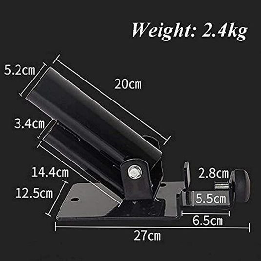 Een diagram toont een zwarte verstelbare metalen beugel met een 360 graden rotatiefunctie. De afmetingen zijn: 27 cm basis, 20 cm houder en het gewicht is 2,4 kg. De beugel is ideaal voor T-Bar row landmine oefeningen en krachttrainers die veelzijdigheid willen met de "Versterk je training met de veelzijdige T-Bar row landmine!.