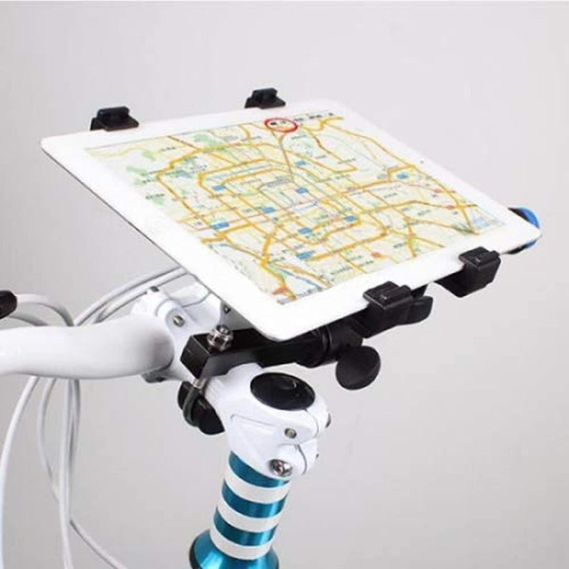 Laad afbeelding in Galerijviewer, Het stuur van een fiets is uitgerust met een &quot;Tablethouder voor loopband&quot;, die boven een verende voorvork is gemonteerd en 360 graden kan draaien. Dit zorgt voor moeiteloze navigatie en een veilige plaatsing.
