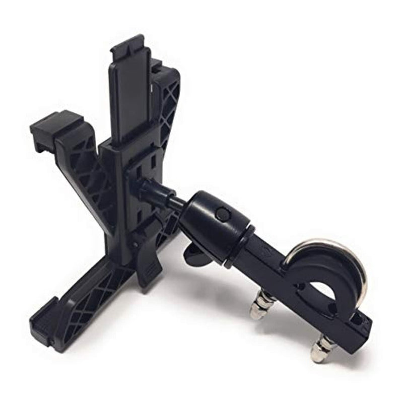Laad afbeelding in Galerijviewer, Een zwarte, verstelbare houder met een klem en rubberen handgrepen biedt een veilige bevestiging en 360 graden rotatie, wat zorgt voor een veilige grip en stabiliteit. Ideaal als de &quot;Tablethouder voor loopband&quot; voor verbeterde, handsfree workouts.
